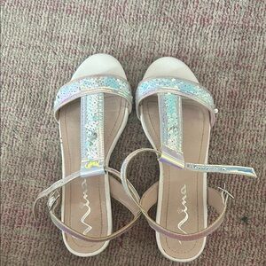 Nina Iridescent Sequin Sandals - White and Silver